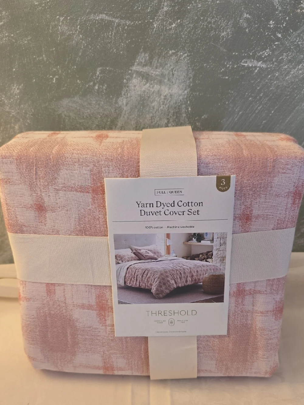 Threshold Yarn Dyed Cotton Duvet & Shams Cover Set, Full/Queen Ivory, Mauve
